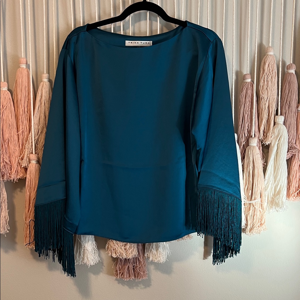 Trina Turk Teal Fringe Sleeve Blouse Size S Nwt